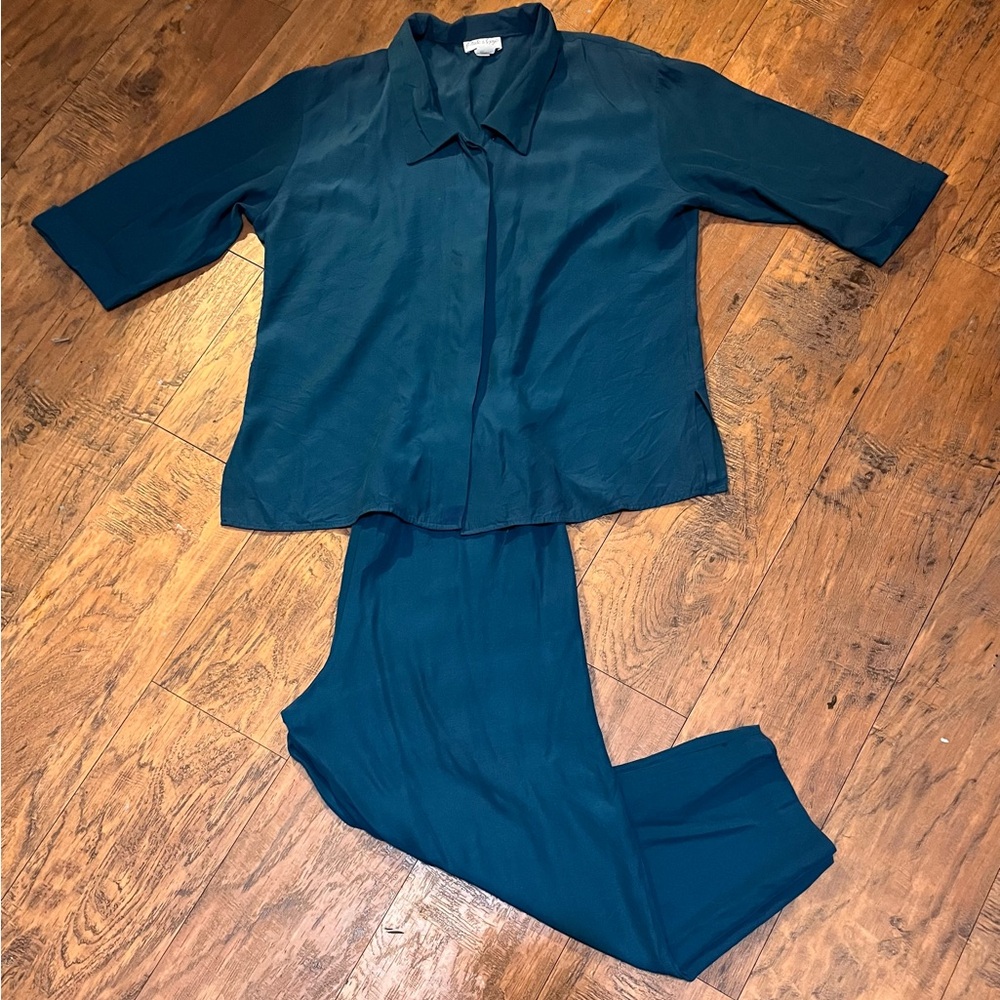 Vntge matching set teal button down 3/4 cuff sleeve/cropped elastic waistband 16